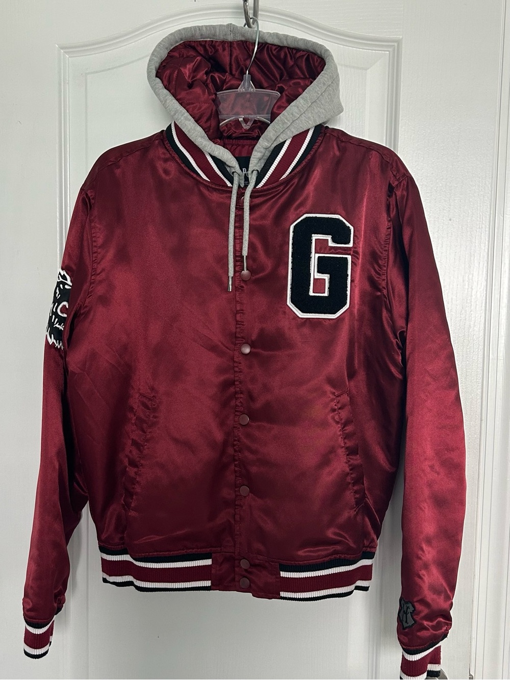 Harry Potter Gryffindor Satin Varsity Bomber Jacket Hooded Burgundy S Unisex
